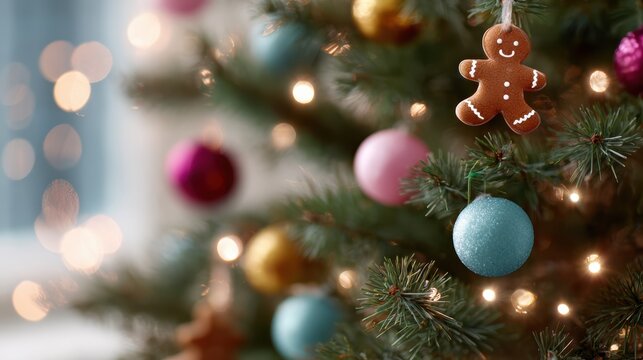 festive Christmas tree with colorful decorations, string lights, and gingerbread man ornaments, cheerful holiday vibe