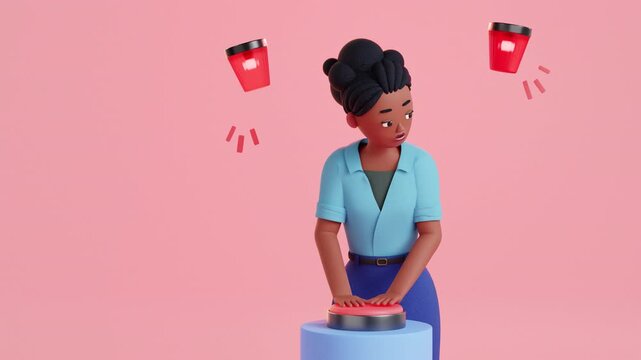 Woman pressing push button, red light flash. Emergency button and siren animation. 3d render, cartoon style. Warning, danger sign, SOS emergency alert