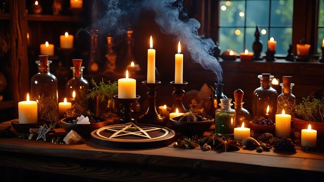 Mystical witch's workbench with smoking potion bottles, burning candles, and a pentagram symbol in a dark alchemy lab setting