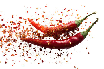 Red chili peppers with flakes exploding isolated on transparent background. Explosion of red chili peppers isolated on white background.