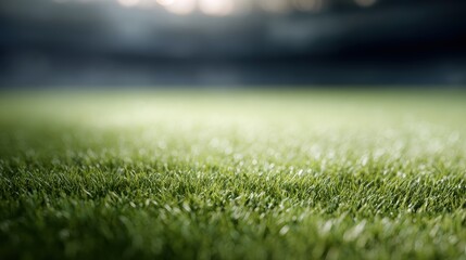 close-up of football pitch grass, bright sunlight, stadium background, fresh and detailed