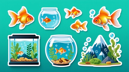 Fototapeta premium Colorful goldfish stickers in aquariums, expressed joy or Used for kids' decor