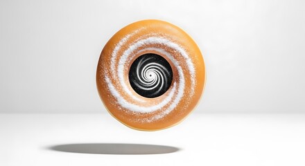 Glazed donut with powdered sugar swirls and a black and white swirling vortex in the center, isolated on a clean light gray background, blending sweet bakery aesthetics with abstract fantasy.