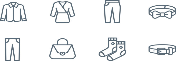 Fashion Apparel and Accessories Vector Icon Set: Clothing, Pants, Top, Bag, Belt, Bow Tie Outline Signs, Editable Stroke
