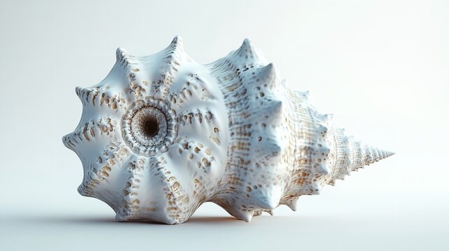 A detailed close up of a white seashell with textured surface and spiral pattern on a light background
