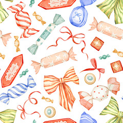 Watercolor seamless pattern with brightly colorful candies various sizes in different wrappers, striped, dotted, fabric bows. Lollipops, sweets isolated on white. For Halloween, New Year, Christmas.
