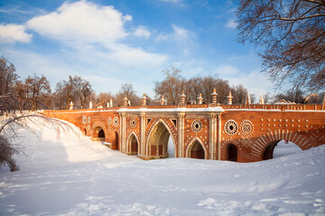 View of the Large bridge over the ravine in the palace and park ensemble in winter. Tsaritsyno. Moscow, Russia