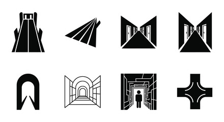 Abstract black and white geometric shapes resembling building interiors and arches