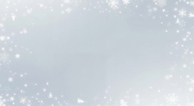 Elegant light blue winter background with sparkling white snowflakes and festive Christmas tree shapes forming a decorative border, perfect for holiday designs.