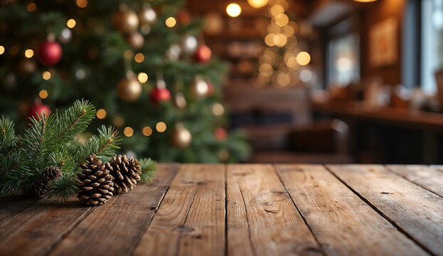 Empty wooden table with christmas decorations in cafe background.