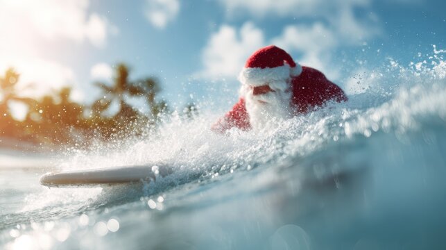 Santa Claus on surfboard, surfing on clear ocean waves, cheerful holiday mood, focus on Santa is face, sunny beach