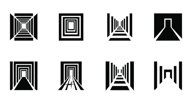 Abstract black and white geometric shapes resembling building interiors and arches