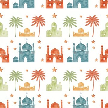Watercolor Ramadan pattern with mosques palm trees and stars seamless vector background for Islamic holidays and designs