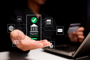 A person holds a smartphone displaying a "Payment Successful" message, surrounded by digital icons representing online transactions and e-commerce.