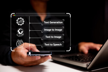 A person uses a smartphone, with graphical options for text generation, image processing, and speech synthesis displayed on a screen.