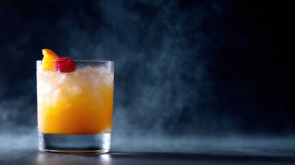 frosty cocktail with condensation, black backdrop, vibrant colors, elegant drink presentation