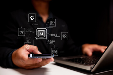 A person interacts with a smartphone and laptop, showcasing the integration of artificial intelligence through digital icons and symbols.