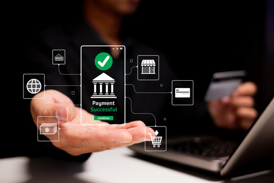 A person holds a smartphone displaying a "Payment Successful" message, surrounded by digital icons representing online transactions and e-commerce.
