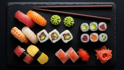 Assortment of fresh sushi rolls and nigiri served on a dark slate platter with chopsticks and ginger