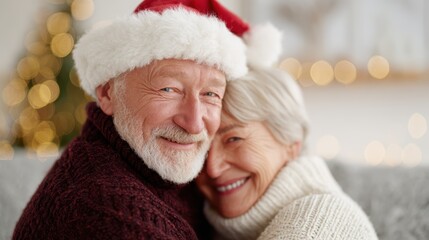 senior couple embracing during Christmas Eve, festive indoor decorations, grandpa in Santa hat, joyful and cozy moment