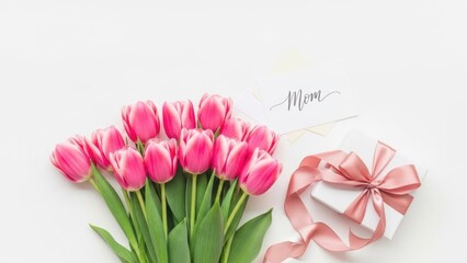 Beautiful bouquet of pink tulips and a heart shaped gift box with a pink ribbon on a white background