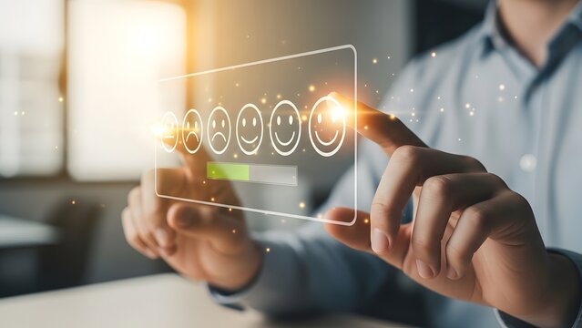 Customer satisfaction survey with smiley faces on transparent screen