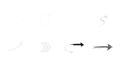 Eight arrow icons with diverse styles on white background isolated on a transparent background