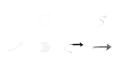 Eight arrow icons with diverse styles on white background isolated on a transparent background