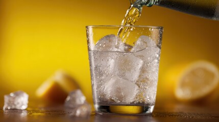 glass with ice and lemon being filled from bottle, refreshing splash effect, vibrant lighting