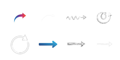 Eight varied arrow and circular arrow icons on white background isolated on a transparent background