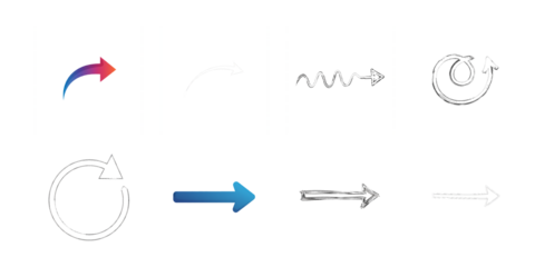 Eight varied arrow and circular arrow icons on white background isolated on a transparent background