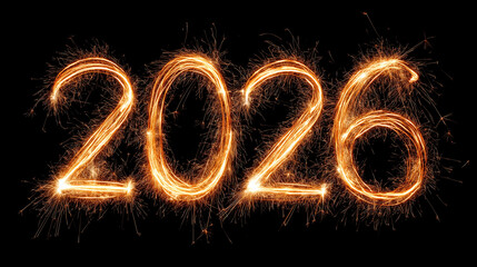 sparkling 2026 numbers created with bright golden light trails