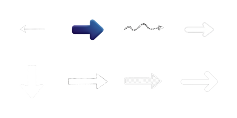 Group of eight distinct arrow icons on a white background isolated on a transparent background