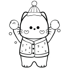 Cat Playing with Snowballs Line Art Illustration