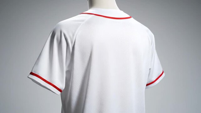 White Baseball Jersey with Red and Black Trim on a Mannequin.