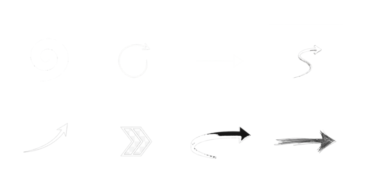 Eight arrow icons with diverse styles on white background isolated on a transparent background