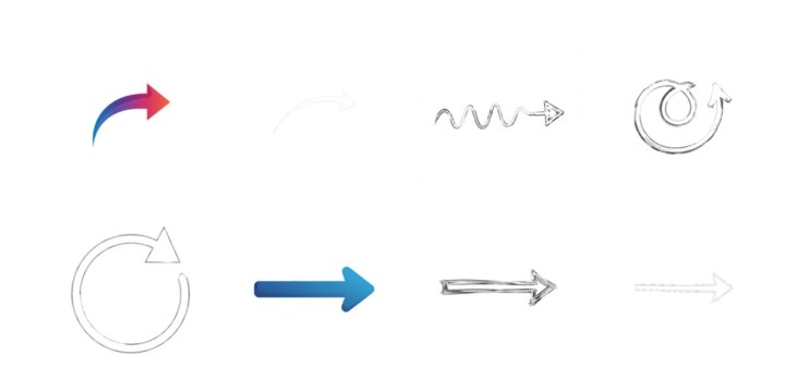 Eight varied arrow and circular arrow icons on white background isolated on a transparent background