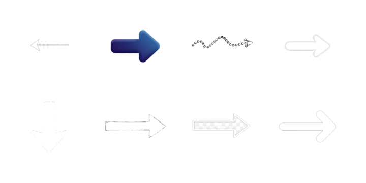 Group of eight distinct arrow icons on a white background isolated on a transparent background