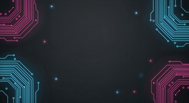 Abstract dark background with glowing neon pink and blue circuit board patterns and scattered digital light dots, representing technology and data.