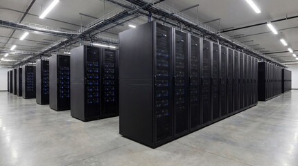 Data Center Server Room with Rows of Matte Black Cabinets and Glowing Indicators