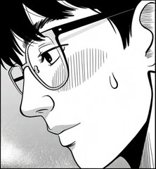 Embarrassed Young Man in Manga Style with Glasses