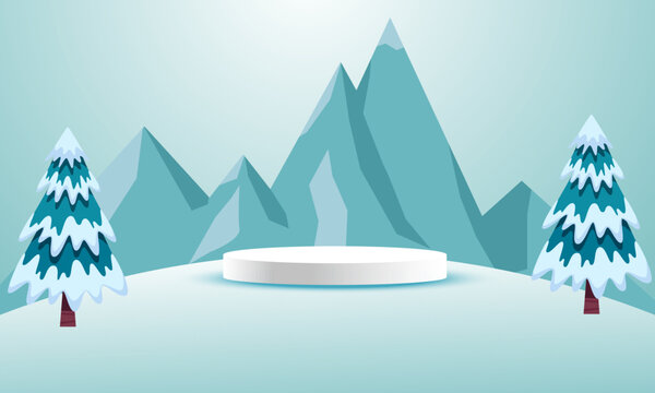 Winter Wonderland Stage Snowy Landscape with Podium. Perfect for Product Display, Festive Events, Seasonal Marketing, and Holiday Concepts