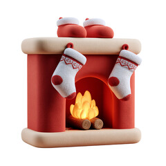 A cozy fireplace decorated for the holidays, featuring colorful stockings and a warm glowing fire.