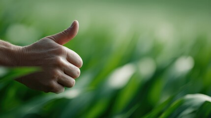 close-up of thumbs up gesture in cornfield, farmer is hand in focus, lush green crops softly blurred