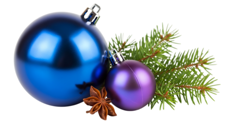 Festive blue and purple christmas ornaments with fir and anise