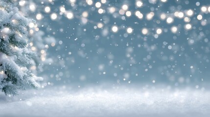 holiday widescreen background with snow-covered Christmas tree, illuminated garlands, festive and cheerful winter setting