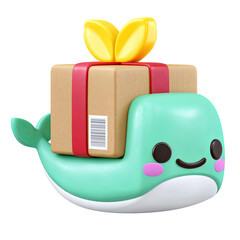 A cute cartoon whale carrying a colorful gift box, perfect for expressing joy and fun in creative projects.