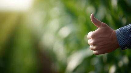 close-up of thumbs up gesture in cornfield, farmer is hand in focus, lush green crops softly blurred