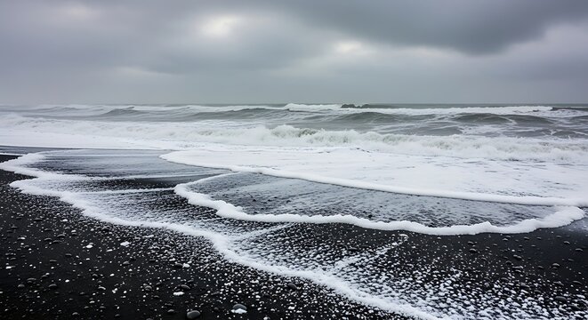 Waves crash onto a black sand beach under a stormy grey sky ocean