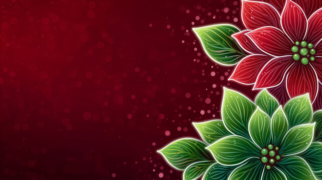 Vibrant red and green flowers with intricate details against a rich red background. Great for designs related to holiday decor, festive celebrations, and seasonal promotions